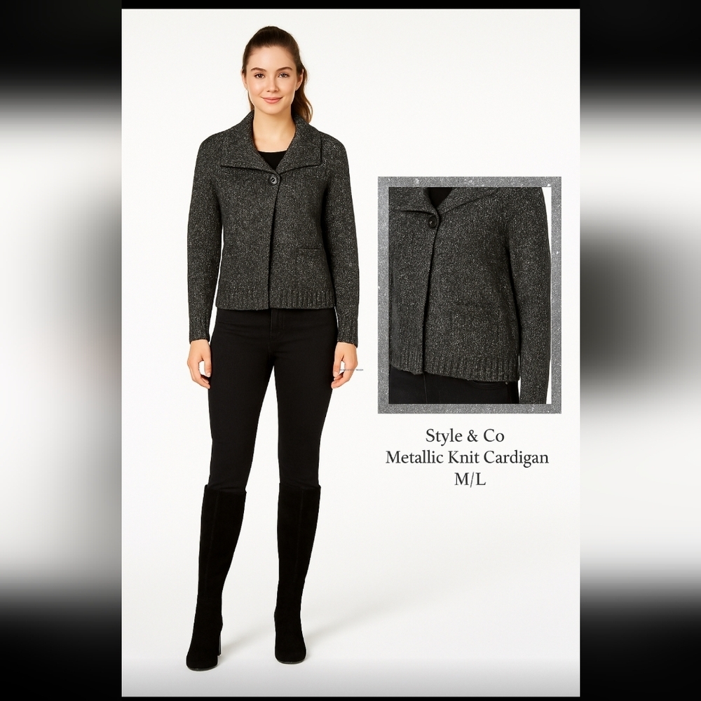 Style & Co M/L Black Metallic Knit Cropped Jacket  Shawl Collar Warm Wool Blend